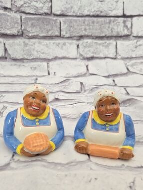 Vintage Clay Art African American Salt and Pepper Shakers Set Rolling Pin Pie